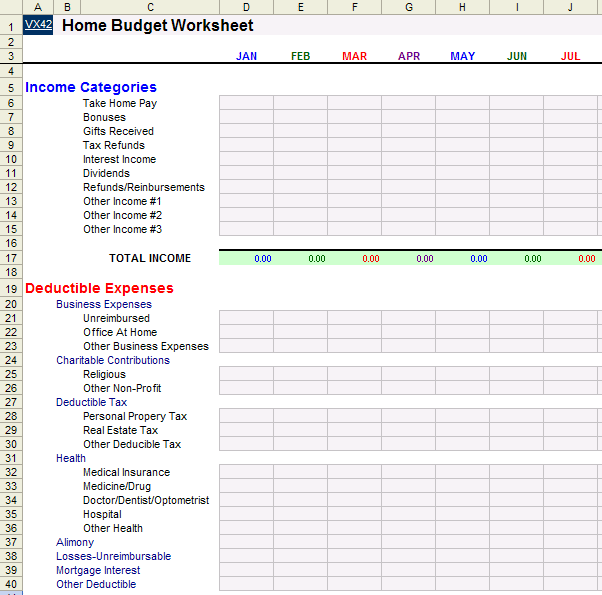 Home Budget Worksheet Template