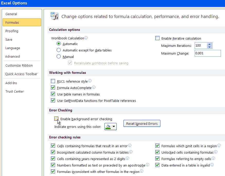 Turn Off Error Checking in Excel