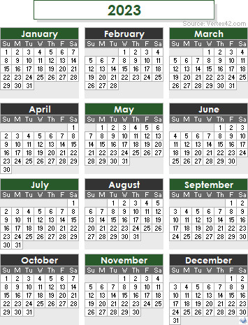 2023 Calendar Green Gray 