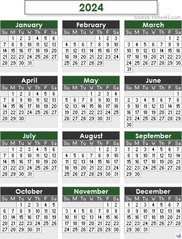 2024 Calendar Green Gray 