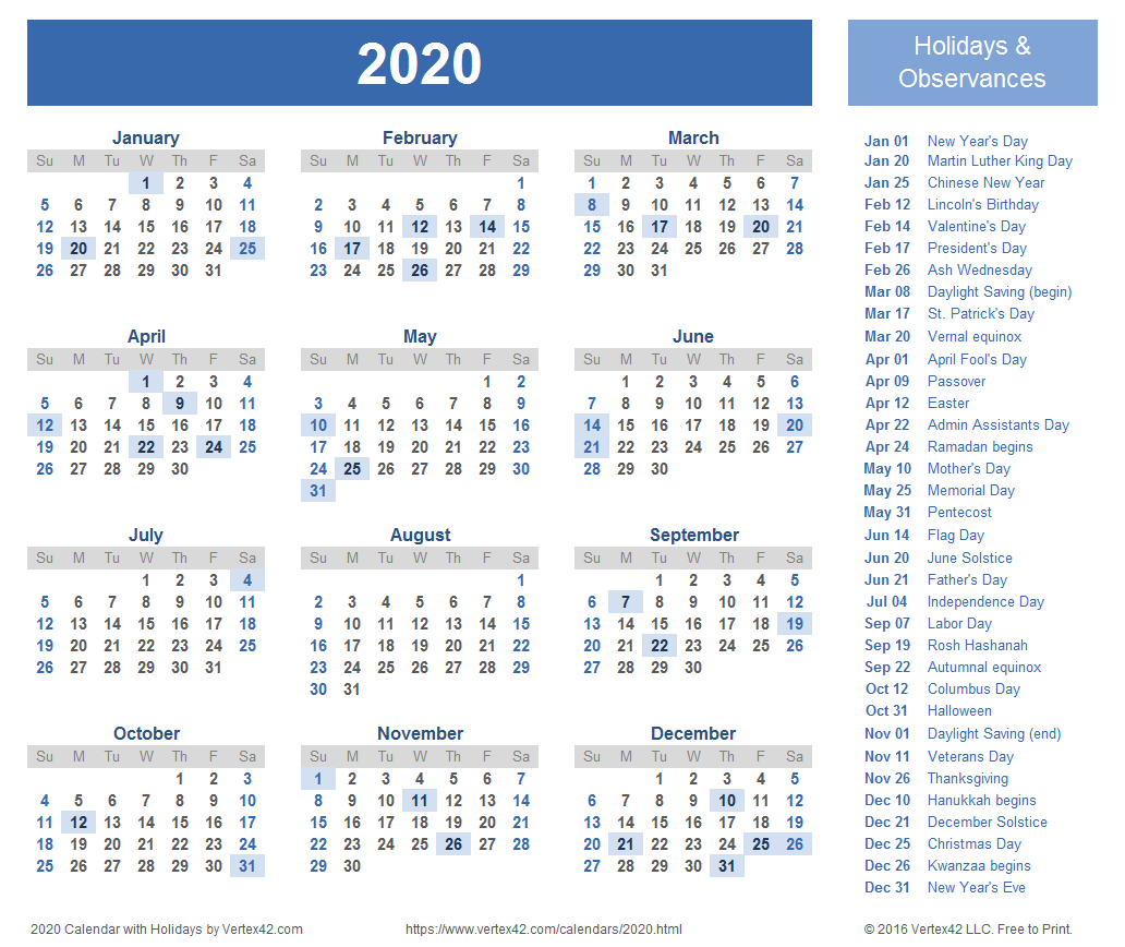 Free Printable Yearly Calendar 2020 with Holidays