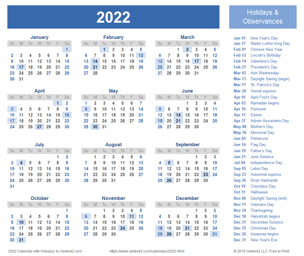 2022 calendar calendars vertex42 holidays templates