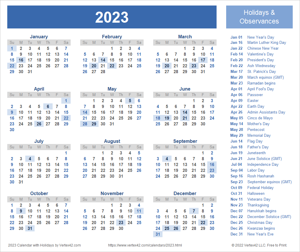 2023 calendar calendars holidays pdf print vertex42 yearly templates